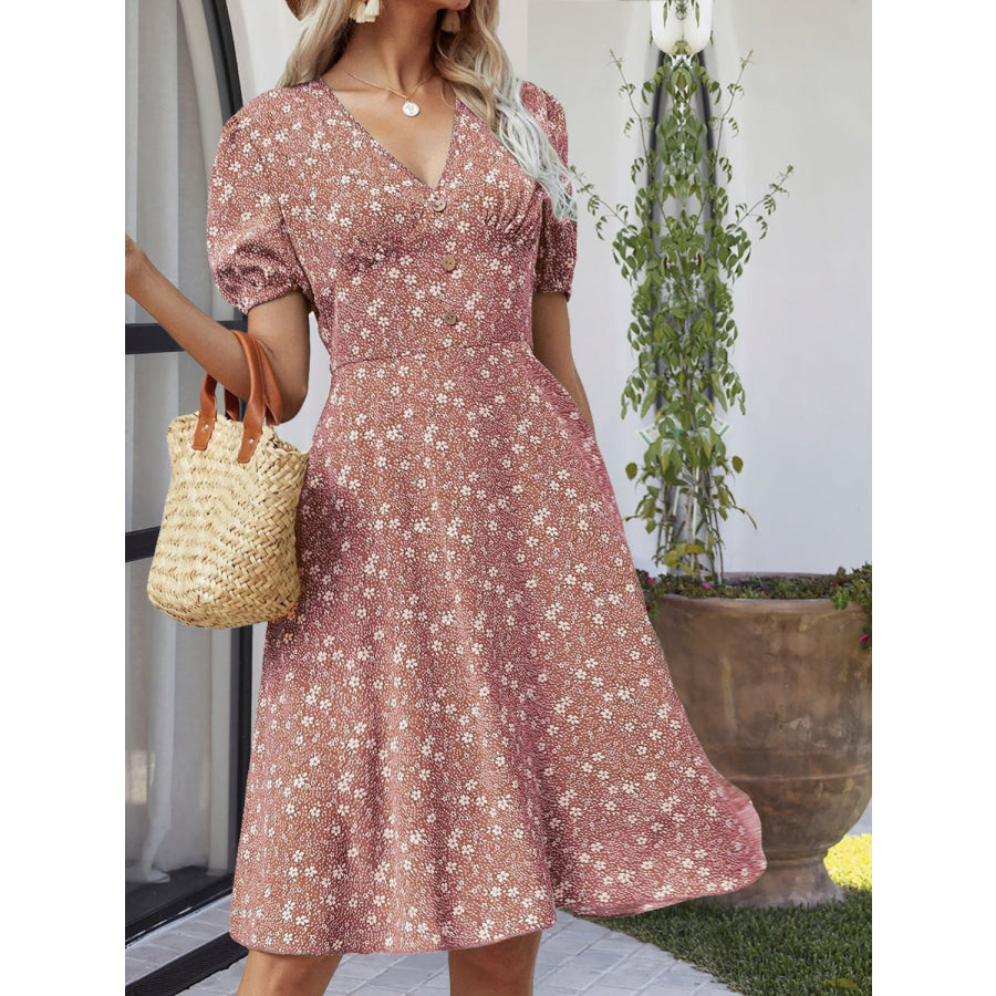 Printed V-Neck Short Sleeve Dress Apparel and Accessories