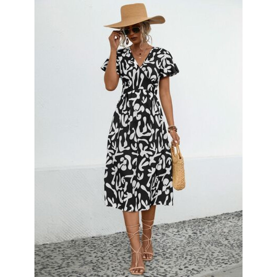 Printed V - Neck Short Sleeve Dress Apparel and Accessories