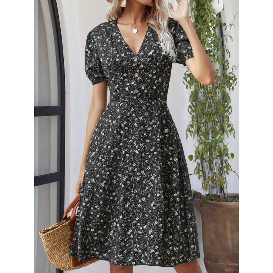 Printed V-Neck Short Sleeve Dress Black / S Apparel and Accessories