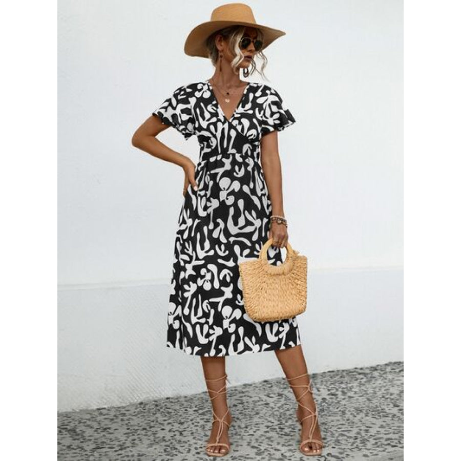 Printed V - Neck Short Sleeve Dress Black / S Apparel and Accessories