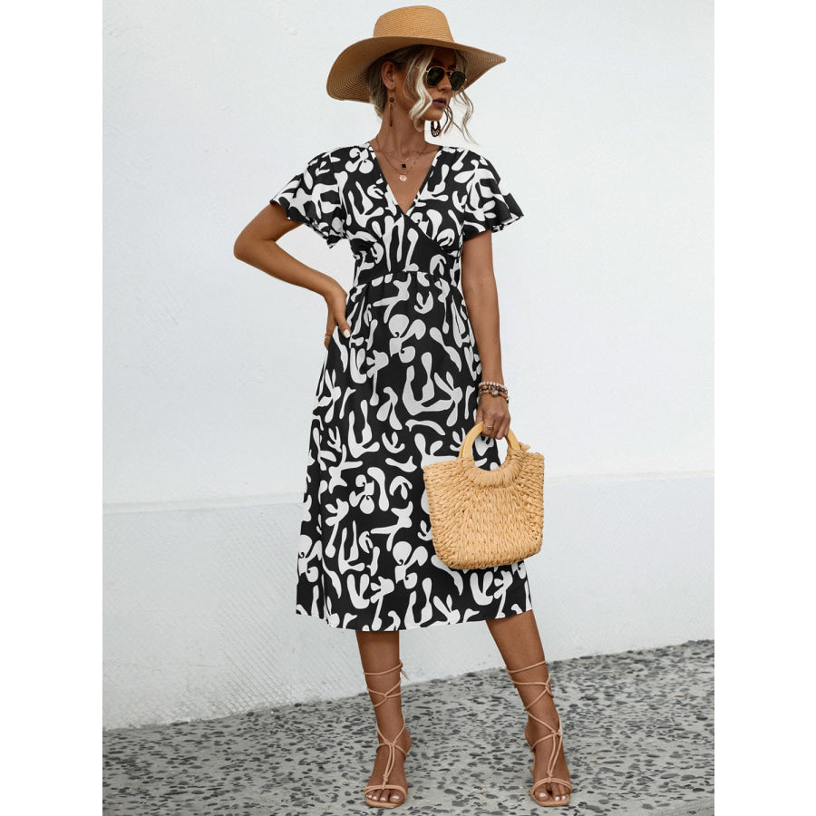 Printed V - Neck Short Sleeve Dress Black / XL Apparel and Accessories