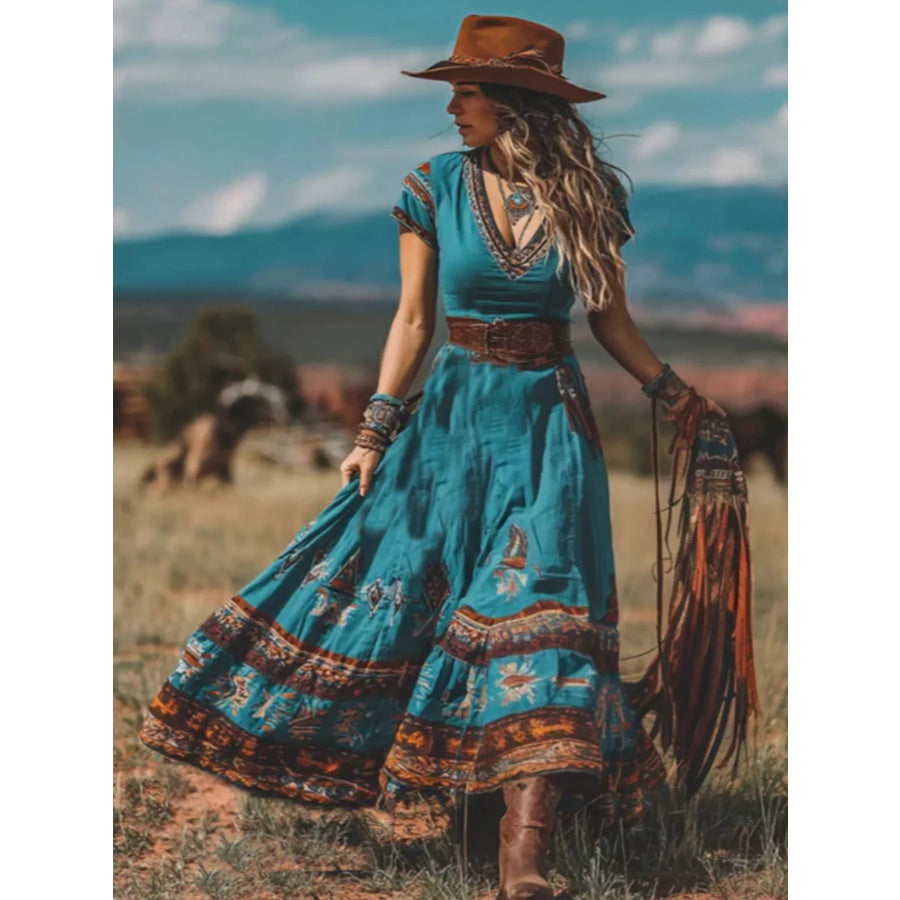 Printed V-Neck Short Sleeve Dress Blue / S Apparel and Accessories