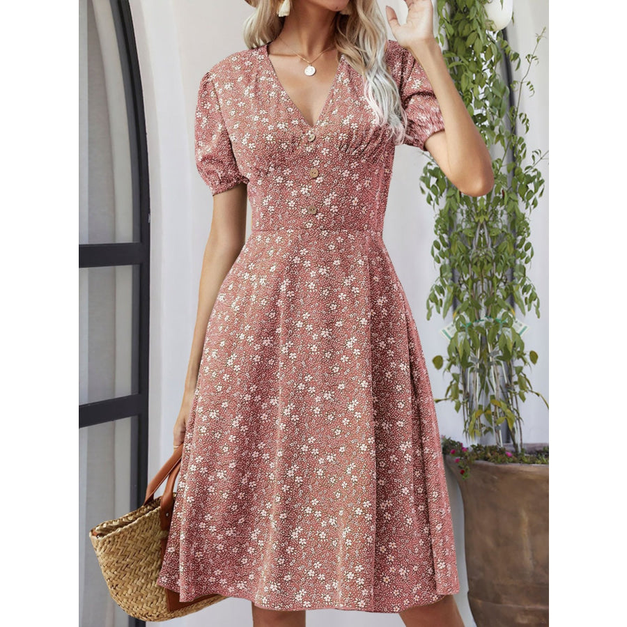 Printed V-Neck Short Sleeve Dress Dusty Pink / S Apparel and Accessories