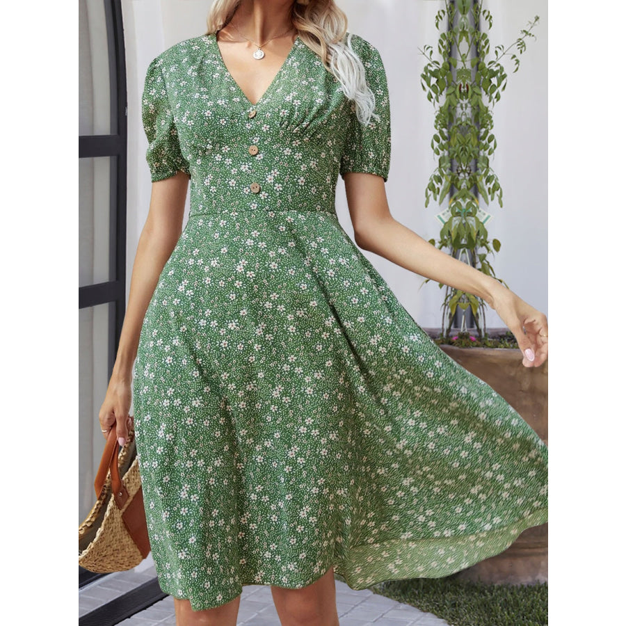 Printed V-Neck Short Sleeve Dress Green / S Apparel and Accessories