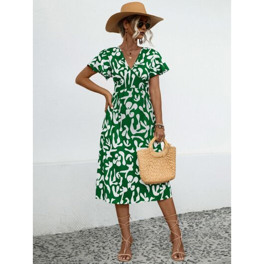 Printed V - Neck Short Sleeve Dress Mid Green / S Apparel and Accessories