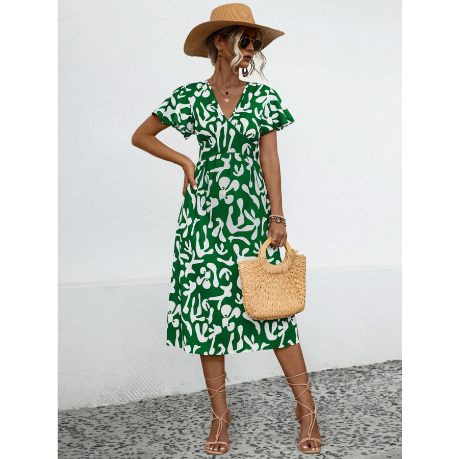 Printed V - Neck Short Sleeve Dress Mid Green / XL Apparel and Accessories