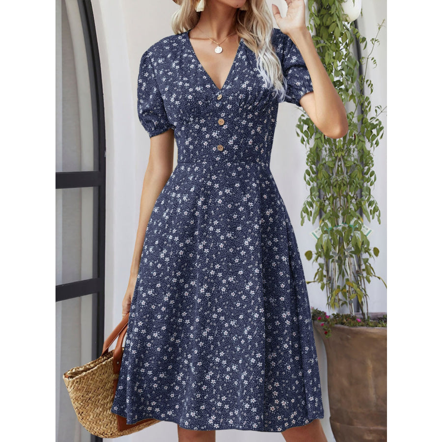 Printed V-Neck Short Sleeve Dress Navy / S Apparel and Accessories