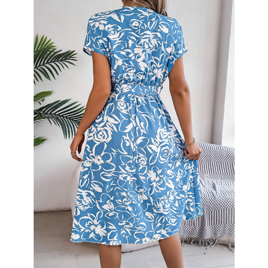 Printed V-Neck Short Sleeve Dress Pastel Blue / S Apparel and Accessories