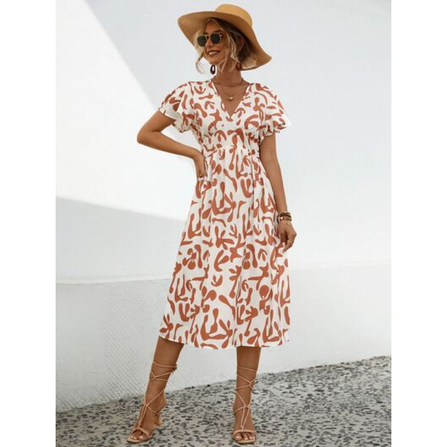 Printed V - Neck Short Sleeve Dress Sherbet / S Apparel and Accessories