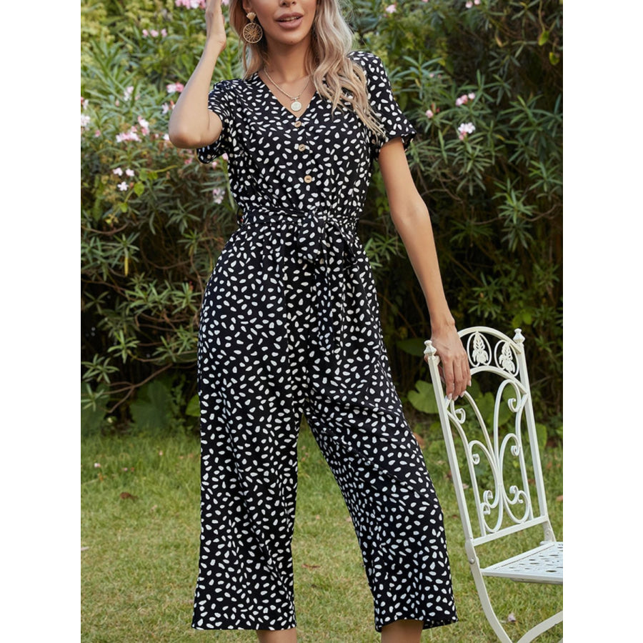 Printed V-Neck Short Sleeve Jumpsuit Black / S