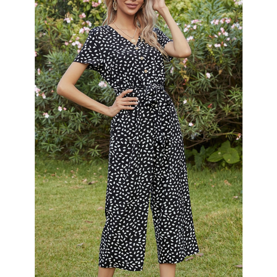 Printed V-Neck Short Sleeve Jumpsuit Black / S