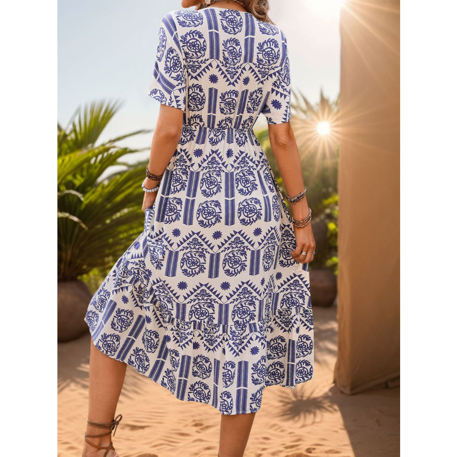 Printed V-Neck Short Sleeve Midi Dress White / S Apparel and Accessories
