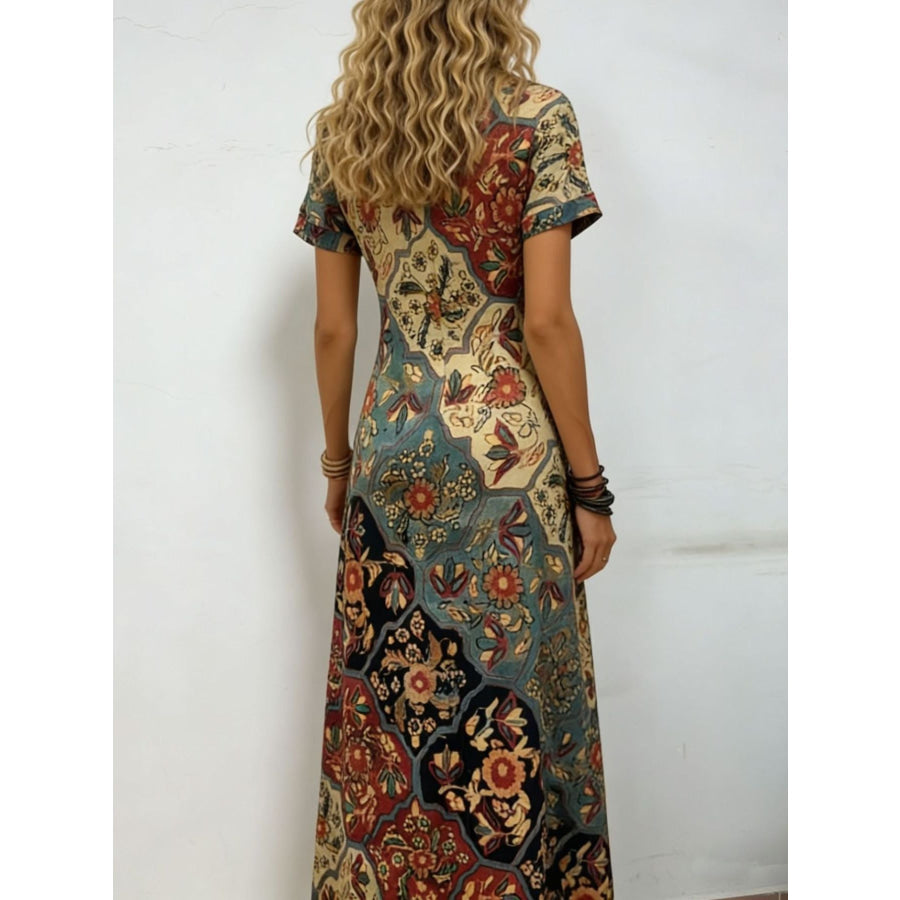 Printed V-Neck Short Sleeve Midi Dress Apparel and Accessories