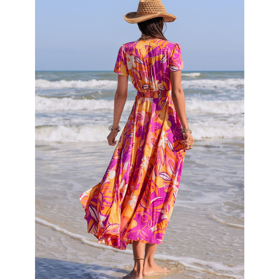 Printed V-Neck Short Sleeve Midi Dress Red-Violet / S Apparel and Accessories