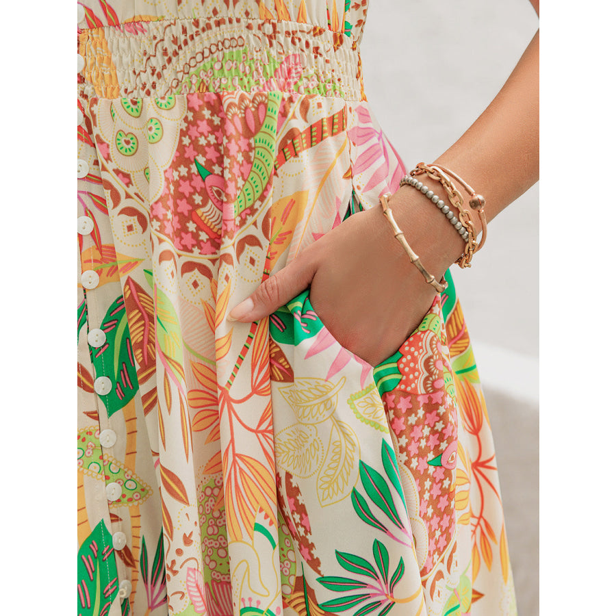 Printed V-Neck Short Sleeve Midi Dress Pastel Yellow / S Apparel and Accessories