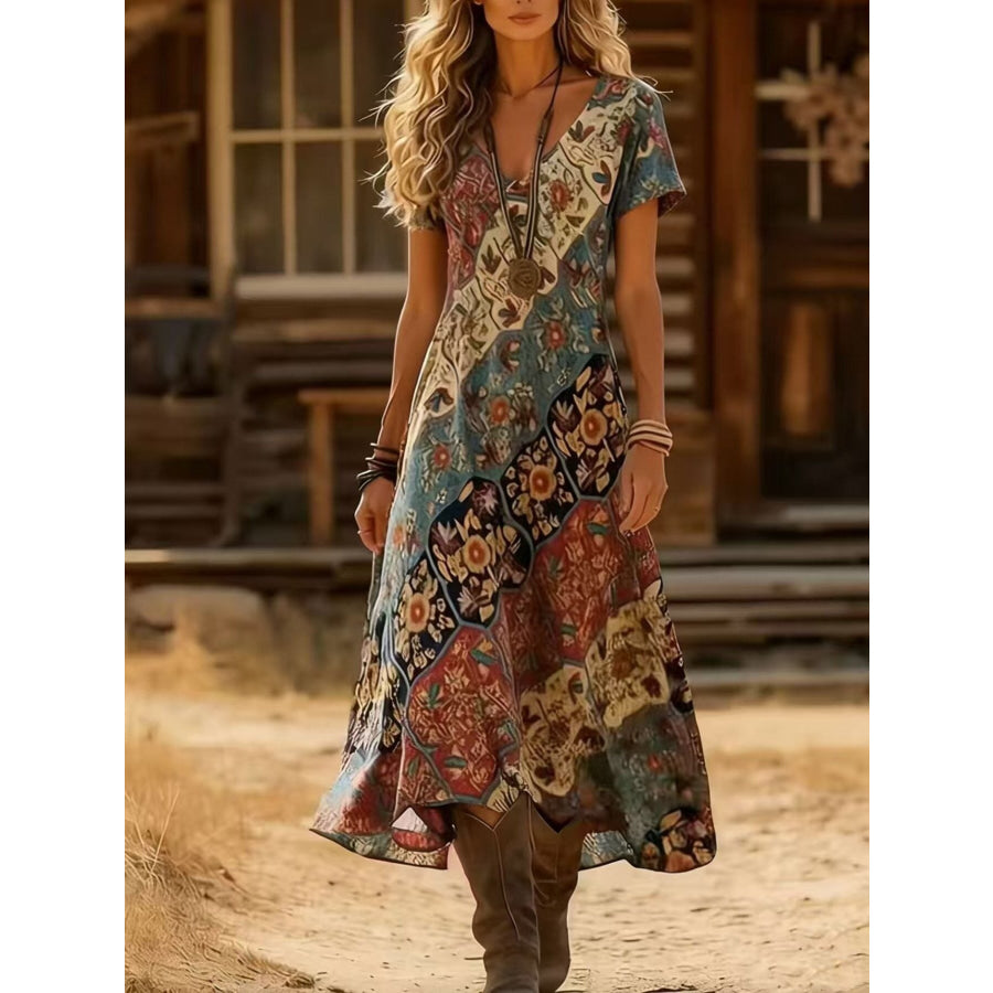 Printed V-Neck Short Sleeve Midi Dress Multicolor / S Apparel and Accessories