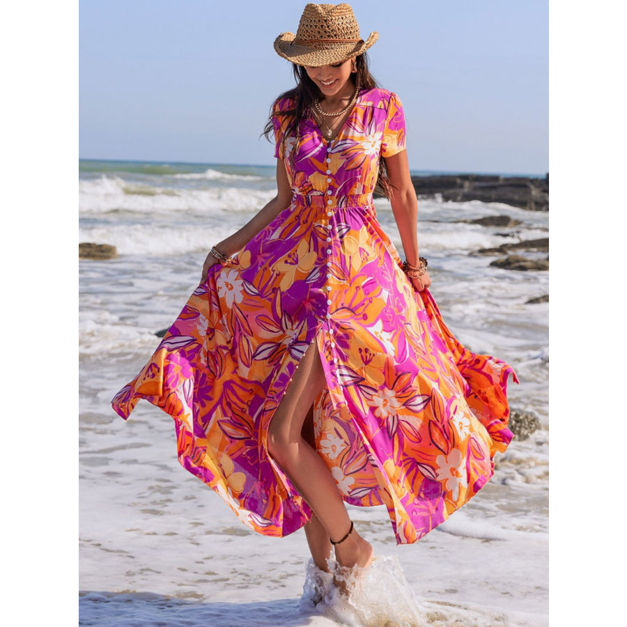 Printed V-Neck Short Sleeve Midi Dress Red-Violet / S Apparel and Accessories