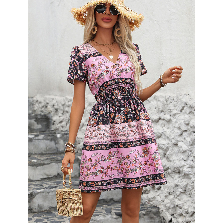 Printed V-Neck Short Sleeve Mini Dress Apparel and Accessories