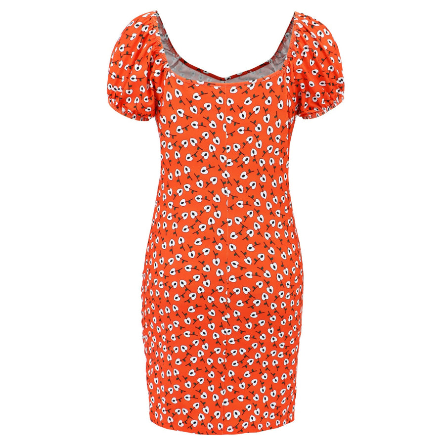 Printed V-Neck Short Sleeve Mini Dress Orange / S Apparel and Accessories