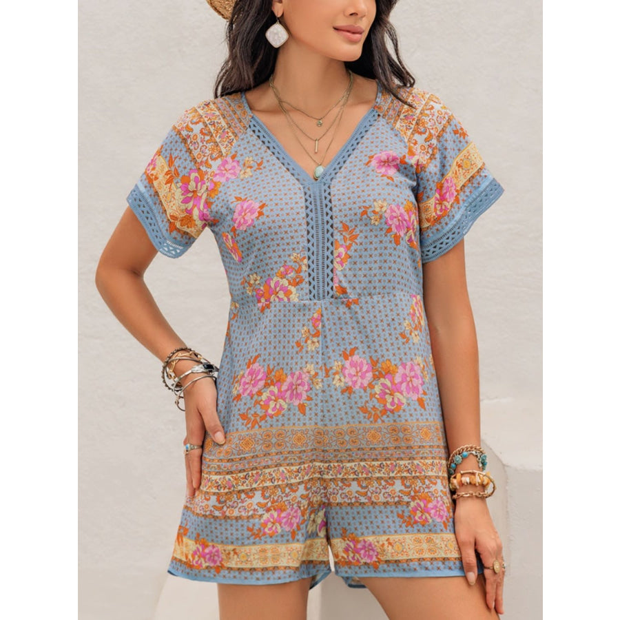 Printed V-Neck Short Sleeve Romper Apparel and Accessories