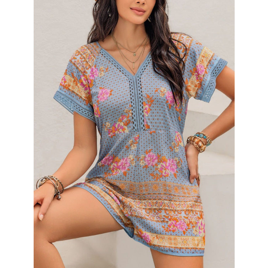 Printed V-Neck Short Sleeve Romper Apparel and Accessories