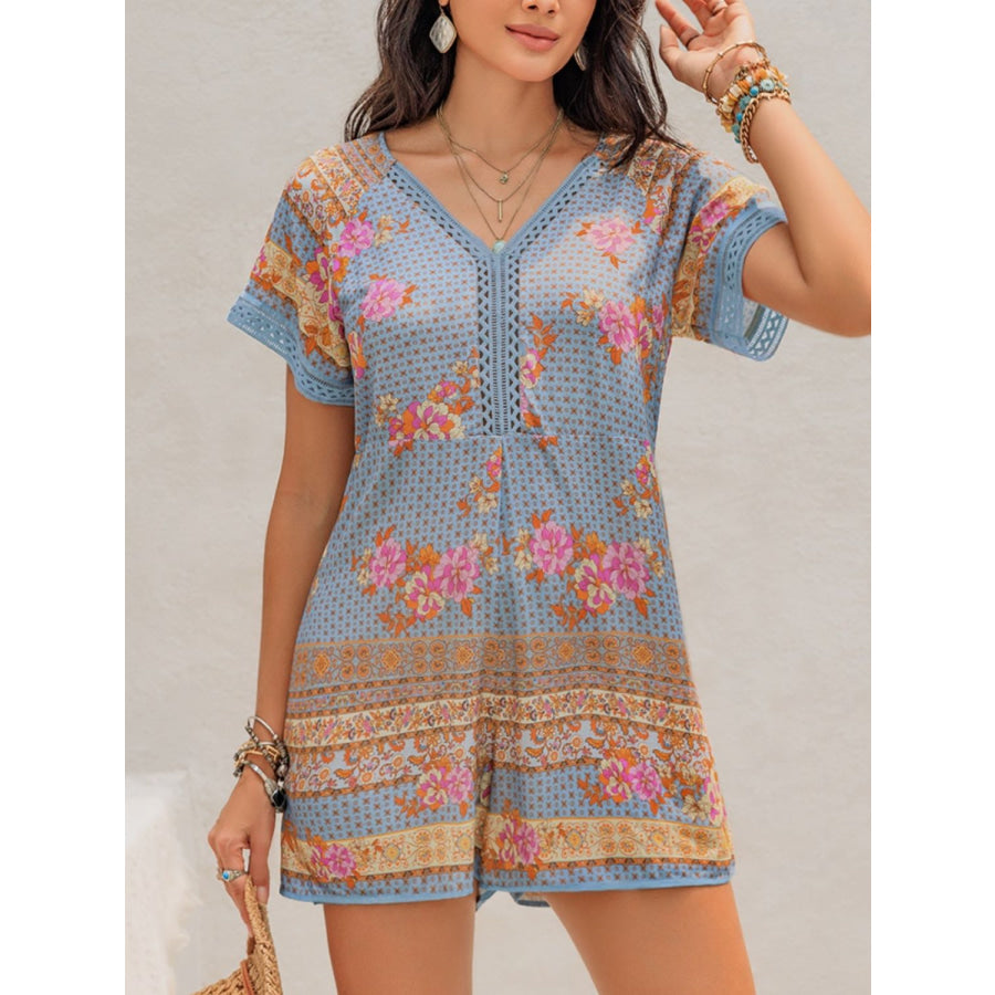 Printed V-Neck Short Sleeve Romper Light Blue / S Apparel and Accessories