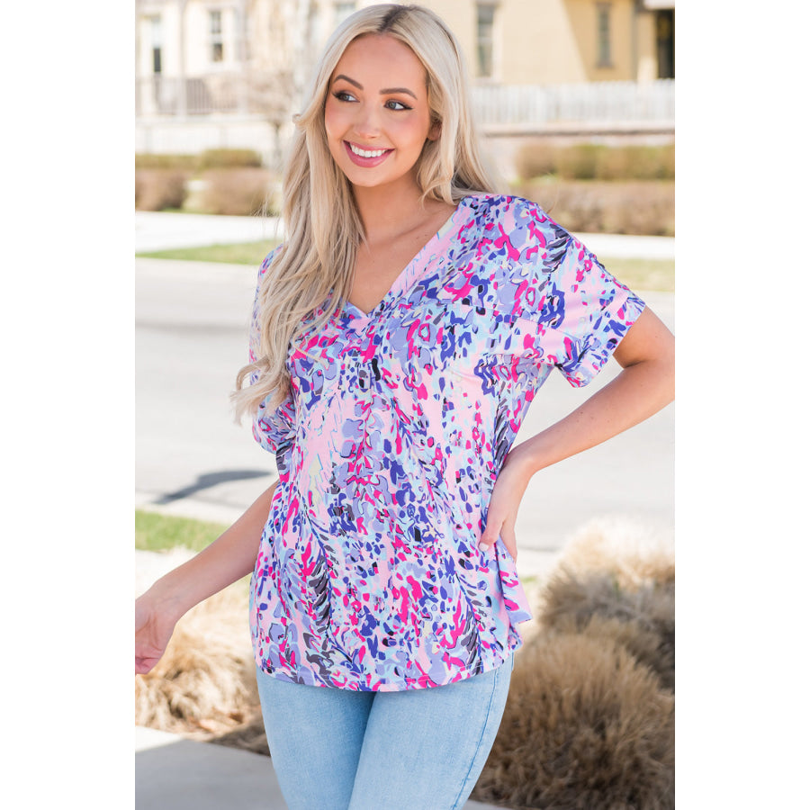Printed V - Neck Short Sleeve T - Shirt Lavender / S Apparel and Accessories