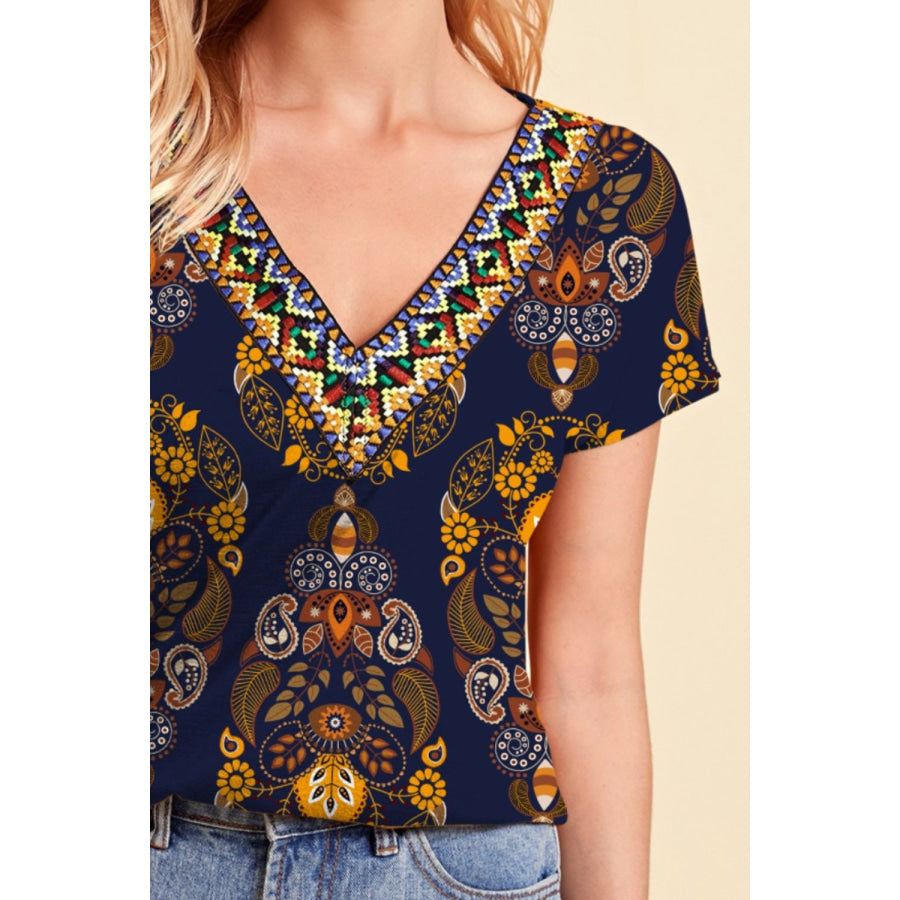 Printed V-Neck Short Sleeve T-Shirt Apparel and Accessories