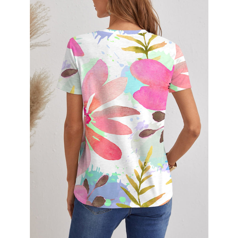 Printed V - Neck Short Sleeve T - Shirt Multicolor / S Apparel and Accessories