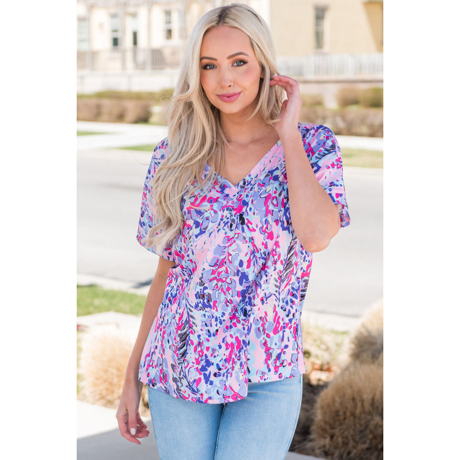 Printed V - Neck Short Sleeve T - Shirt Apparel and Accessories