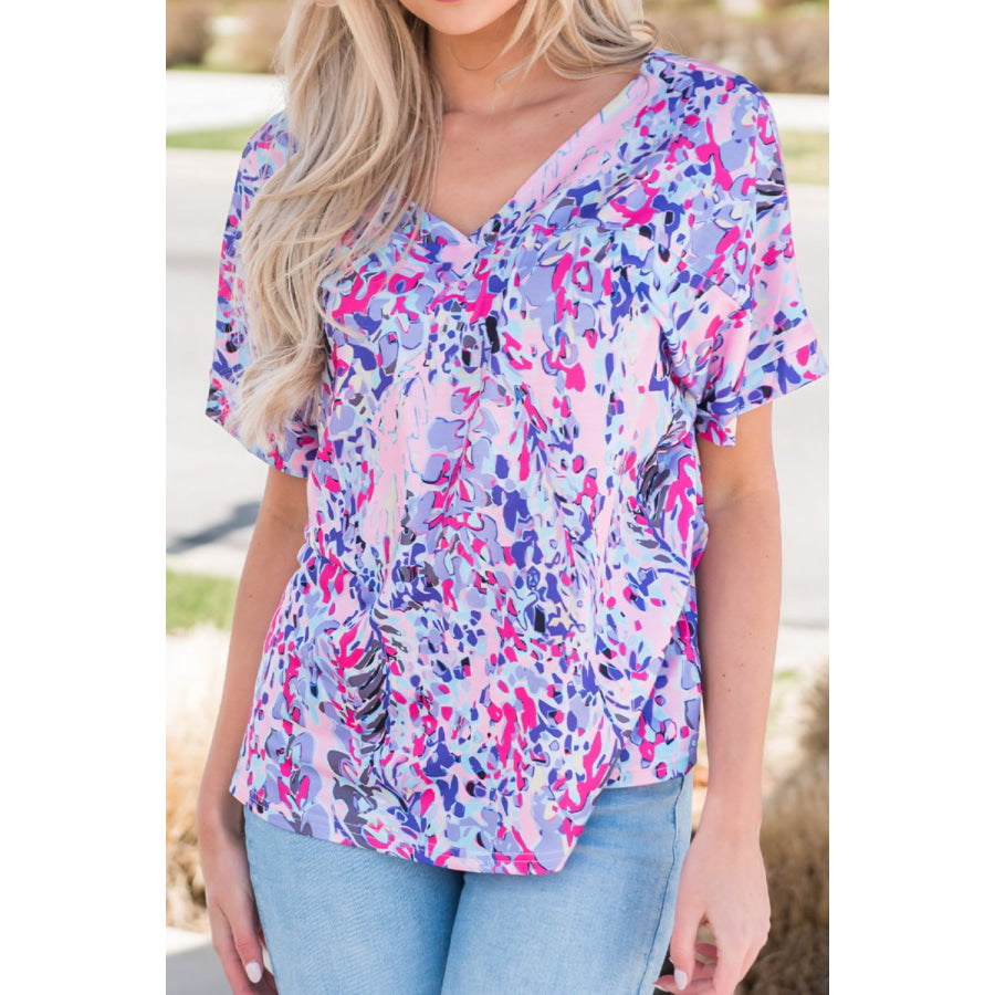 Printed V - Neck Short Sleeve T - Shirt Lavender / S Apparel and Accessories