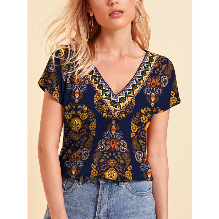 Printed V-Neck Short Sleeve T-Shirt Multicolor / S Apparel and Accessories