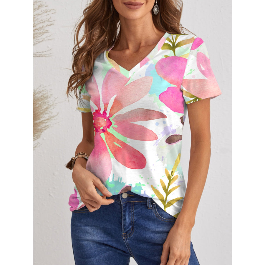 Printed V - Neck Short Sleeve T - Shirt Multicolor / S Apparel and Accessories