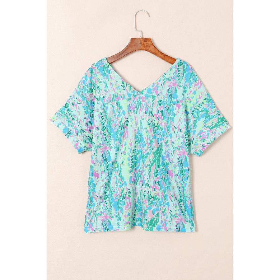 Printed V - Neck Short Sleeve T - Shirt Tiffany Blue / S Apparel and Accessories