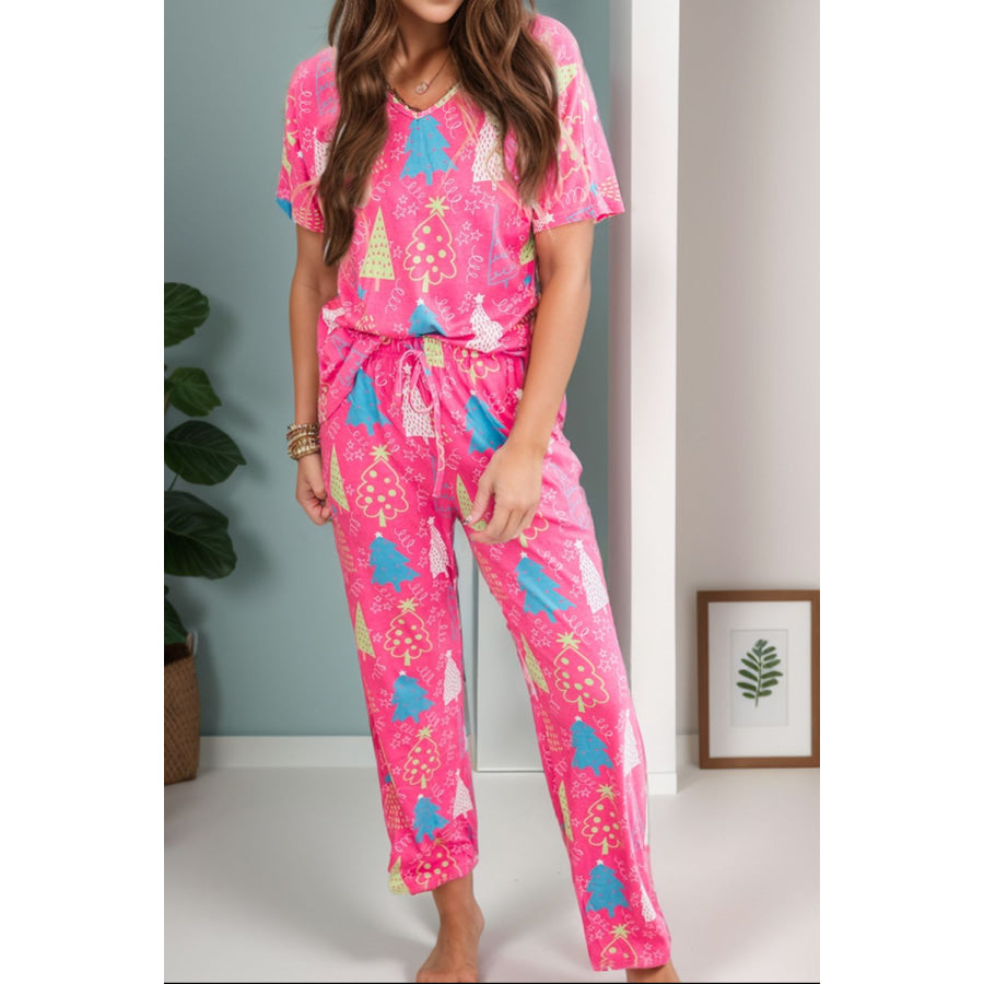 Printed V-Neck Short Sleeve Top and Pants Lounge Set Hot Pink / S Apparel and Accessories