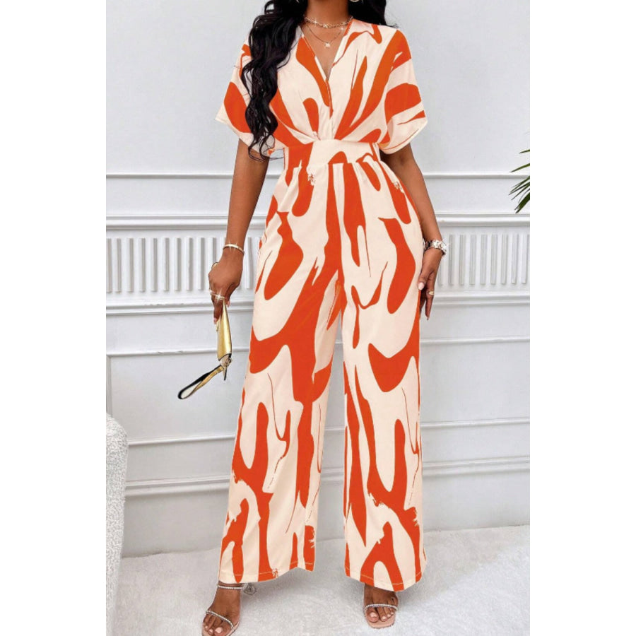 Printed V-Neck Short Sleeve Wide Leg Jumpsuit Apparel and Accessories
