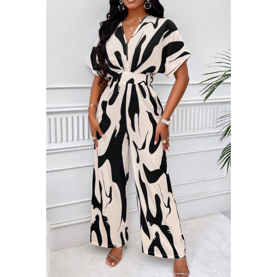 Printed V-Neck Short Sleeve Wide Leg Jumpsuit Apparel and Accessories