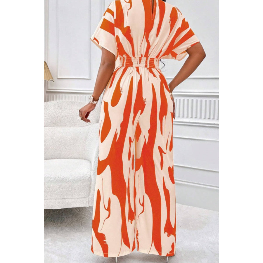Printed V-Neck Short Sleeve Wide Leg Jumpsuit Apparel and Accessories