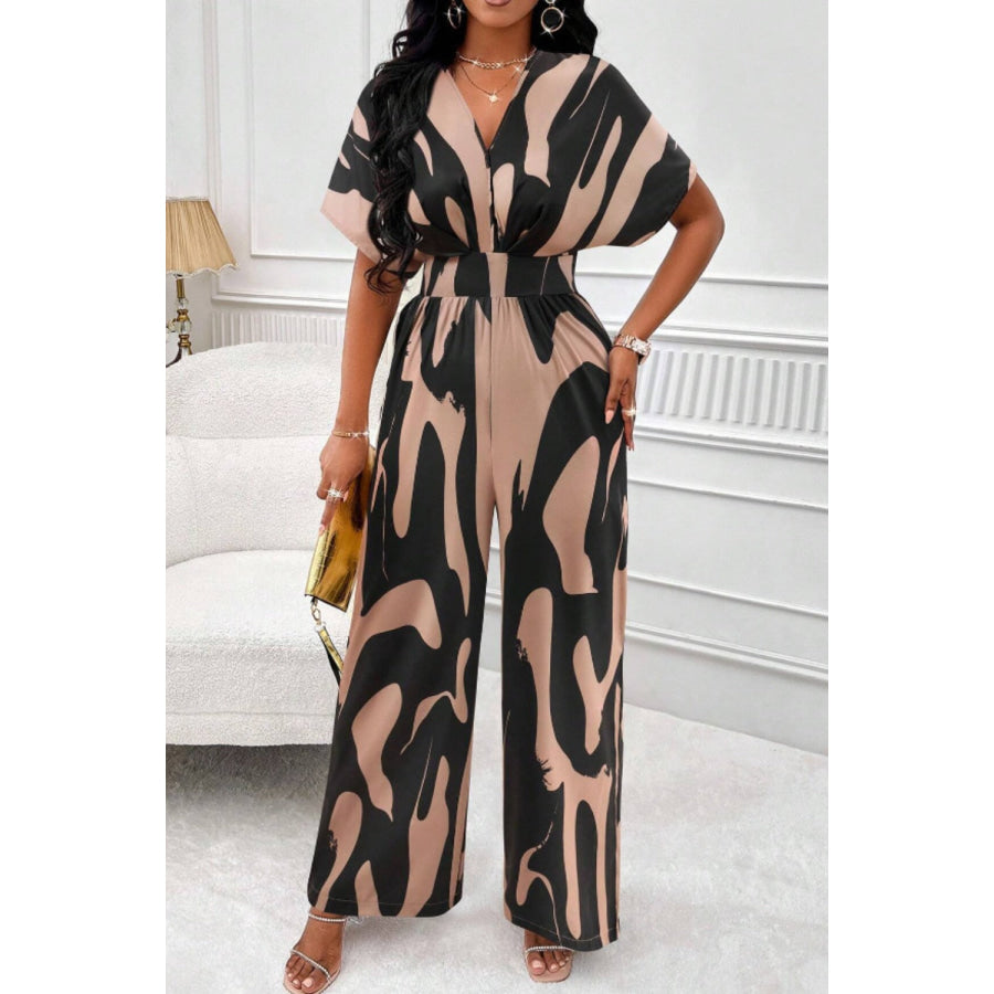 Printed V-Neck Short Sleeve Wide Leg Jumpsuit Apparel and Accessories
