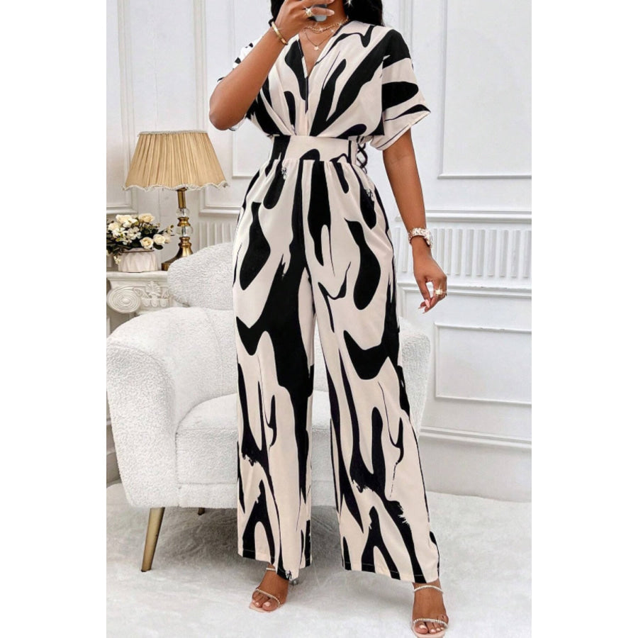 Printed V-Neck Short Sleeve Wide Leg Jumpsuit Apparel and Accessories