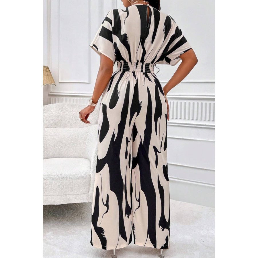 Printed V-Neck Short Sleeve Wide Leg Jumpsuit Black / S Apparel and Accessories