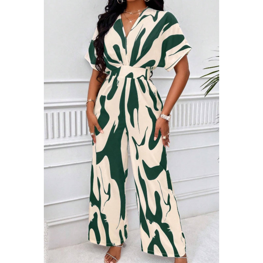 Printed V-Neck Short Sleeve Wide Leg Jumpsuit Apparel and Accessories