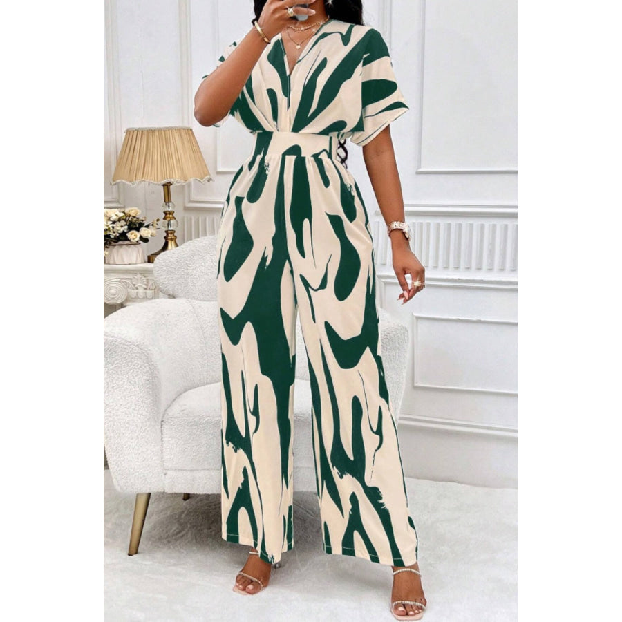 Printed V-Neck Short Sleeve Wide Leg Jumpsuit Apparel and Accessories