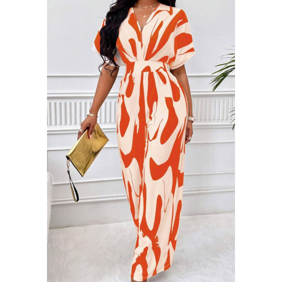 Printed V-Neck Short Sleeve Wide Leg Jumpsuit Apparel and Accessories