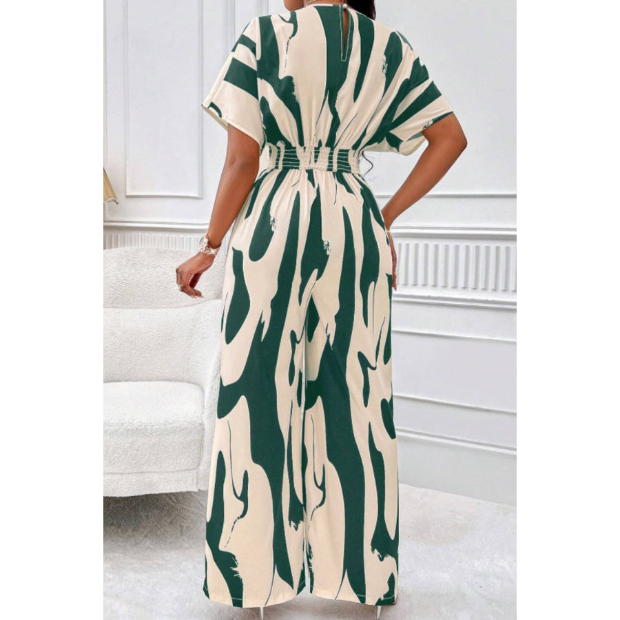 Printed V-Neck Short Sleeve Wide Leg Jumpsuit Apparel and Accessories