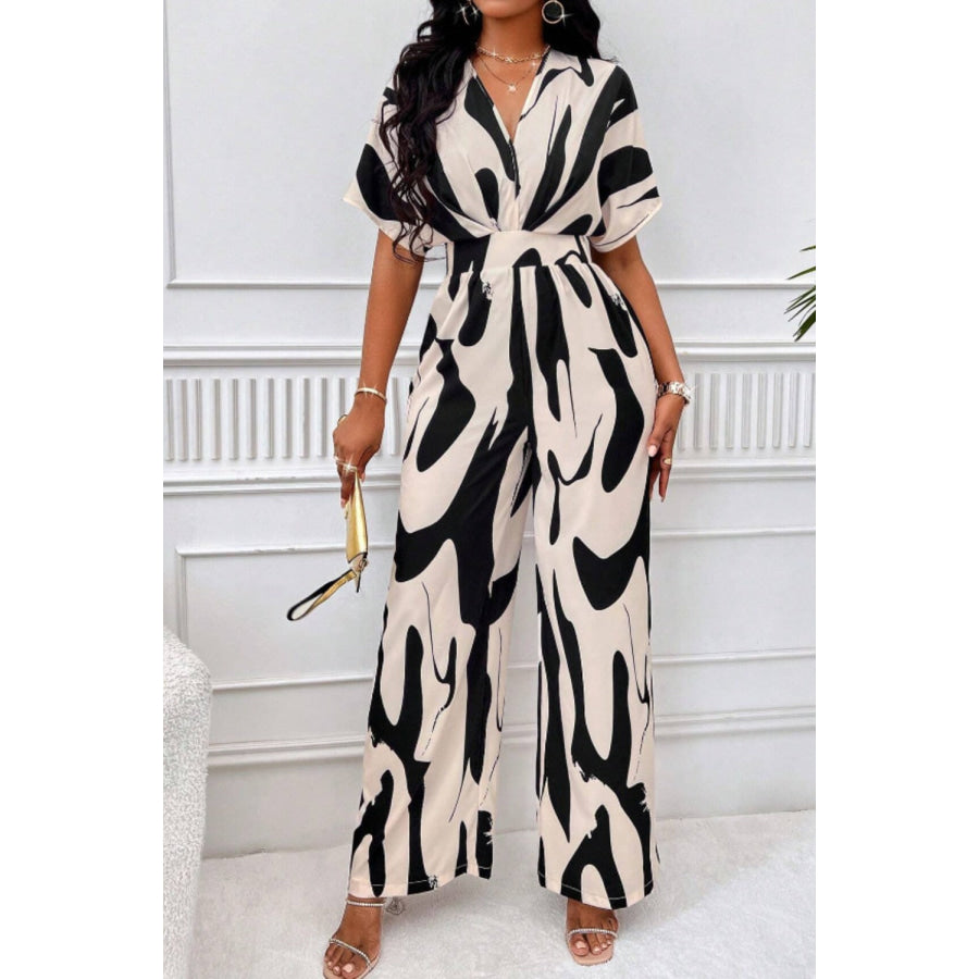 Printed V-Neck Short Sleeve Wide Leg Jumpsuit Black / S Apparel and Accessories