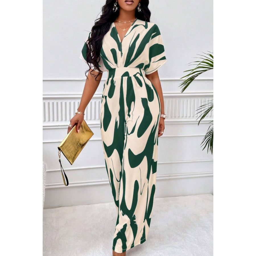 Printed V-Neck Short Sleeve Wide Leg Jumpsuit Dark Green / S Apparel and Accessories