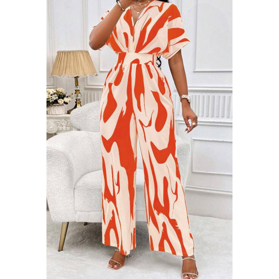 Printed V-Neck Short Sleeve Wide Leg Jumpsuit Orange / S Apparel and Accessories