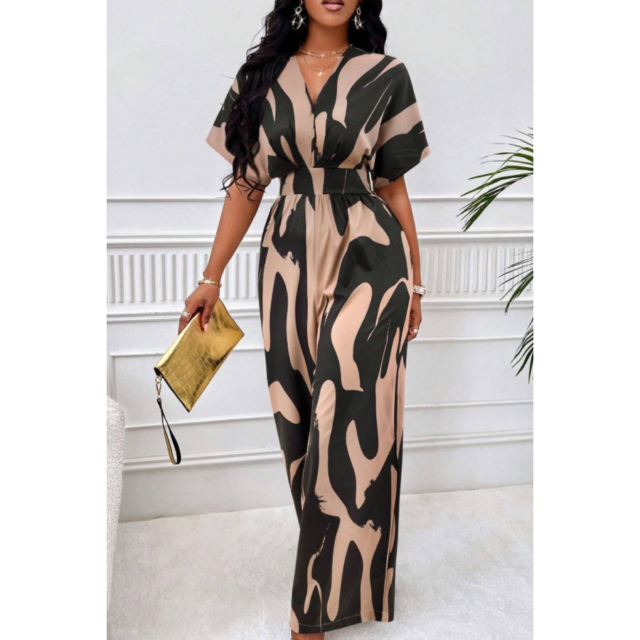 Printed V-Neck Short Sleeve Wide Leg Jumpsuit Taupe / S Apparel and Accessories