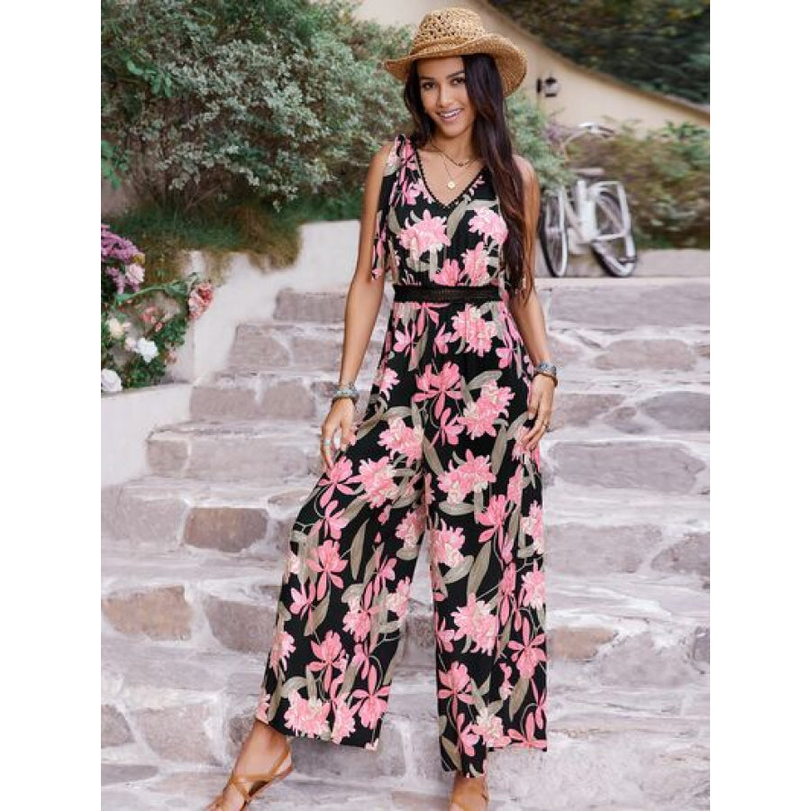 Printed V - Neck Sleeveless Jumpsuit Apparel and Accessories